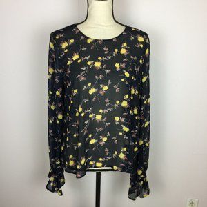 New! Lush Blouse Top Size M Black Yellow Floral Print Sheer Chiffon Long Sleeve